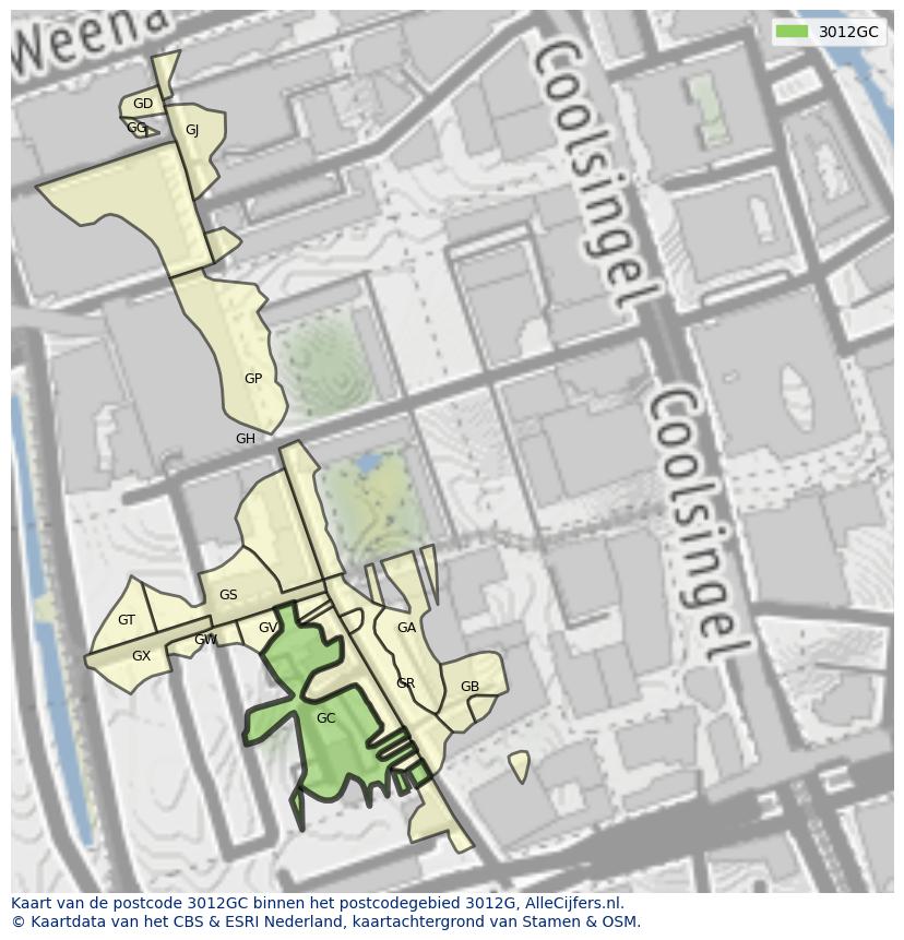 Afbeelding van het postcodegebied 3012 GC op de kaart.