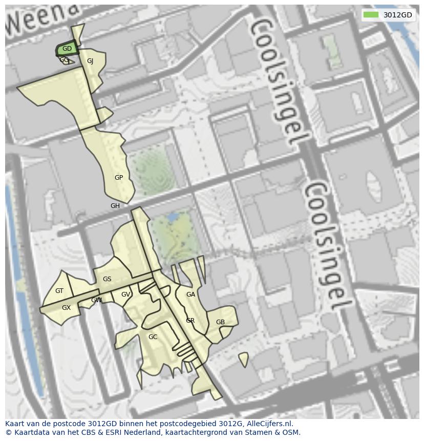 Afbeelding van het postcodegebied 3012 GD op de kaart.