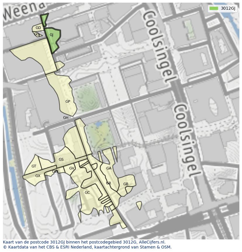 Afbeelding van het postcodegebied 3012 GJ op de kaart.