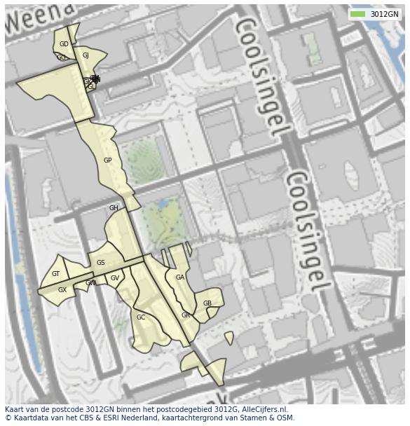 Afbeelding van het postcodegebied 3012 GN op de kaart.