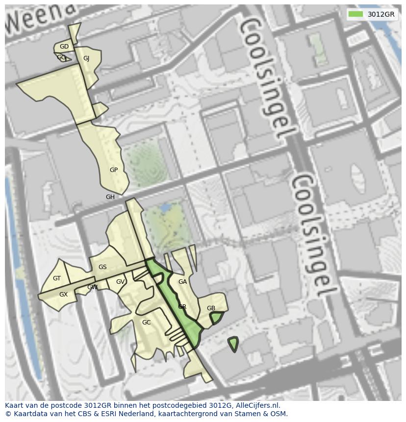 Afbeelding van het postcodegebied 3012 GR op de kaart.