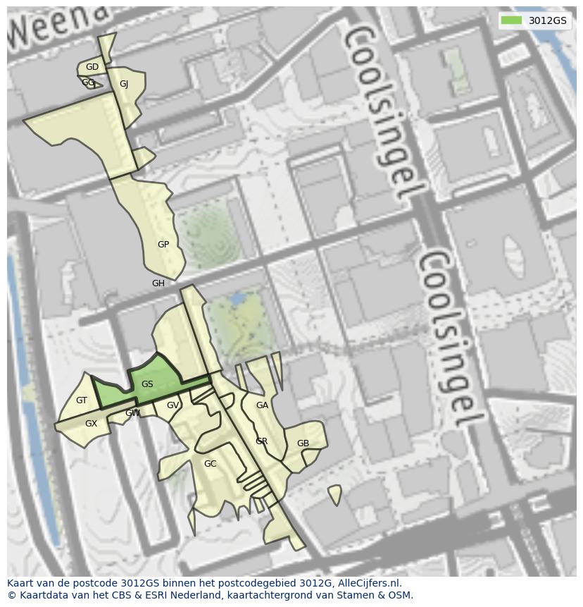 Afbeelding van het postcodegebied 3012 GS op de kaart.