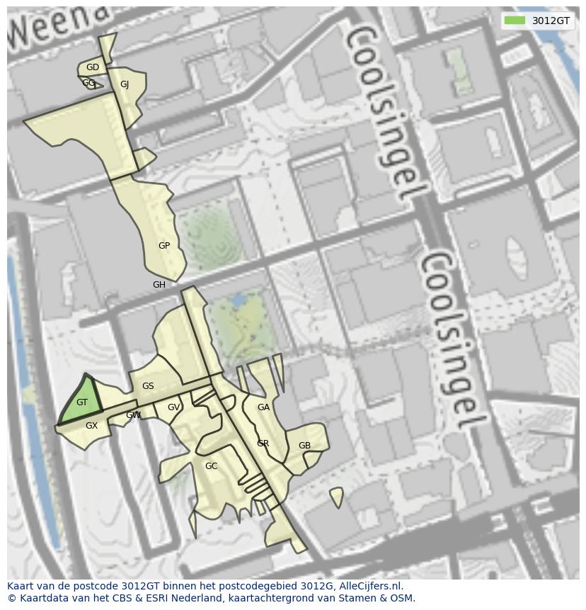 Afbeelding van het postcodegebied 3012 GT op de kaart.