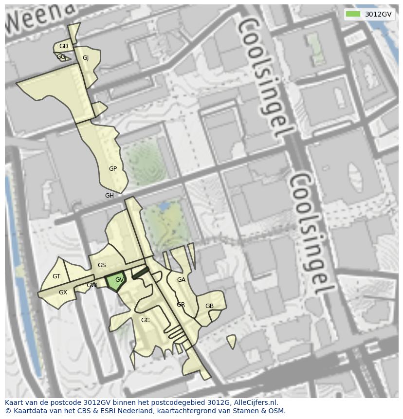 Afbeelding van het postcodegebied 3012 GV op de kaart.
