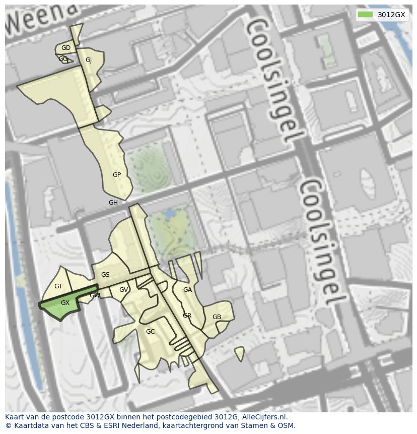 Afbeelding van het postcodegebied 3012 GX op de kaart.