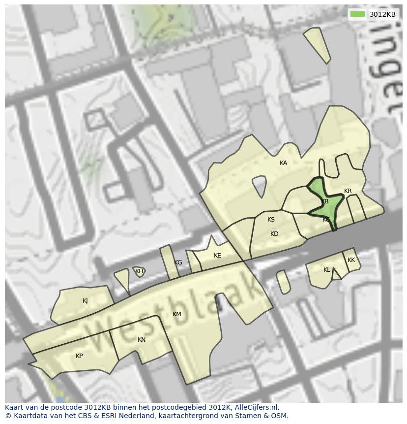 Afbeelding van het postcodegebied 3012 KB op de kaart.