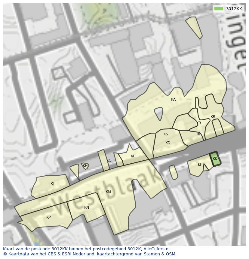 Afbeelding van het postcodegebied 3012 KK op de kaart.