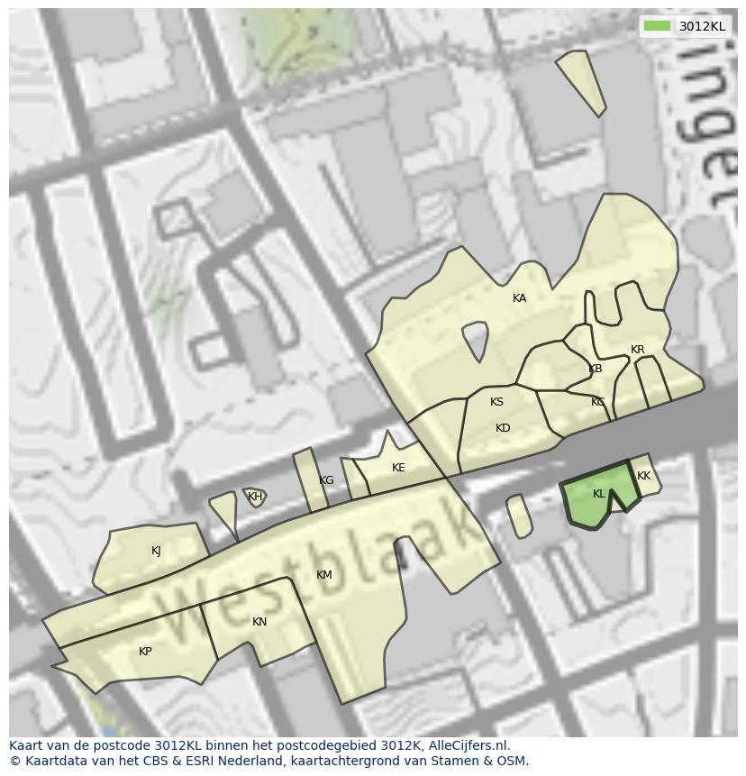Afbeelding van het postcodegebied 3012 KL op de kaart.