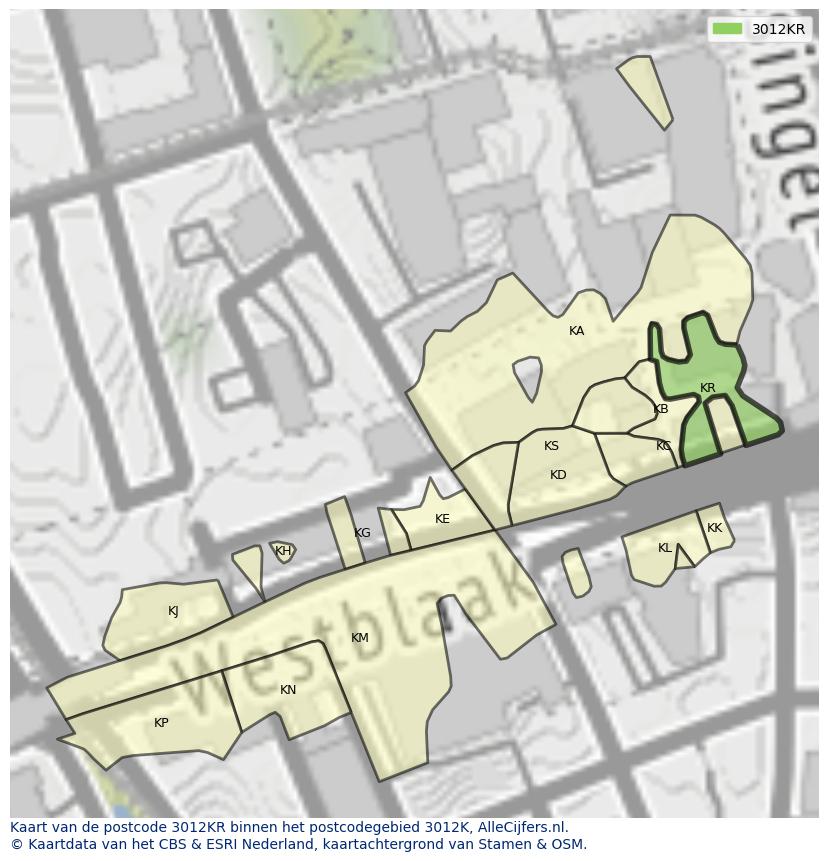 Afbeelding van het postcodegebied 3012 KR op de kaart.
