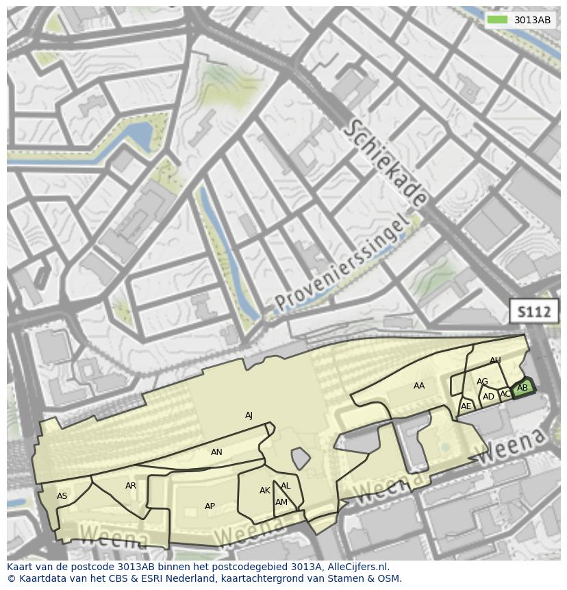 Afbeelding van het postcodegebied 3013 AB op de kaart.