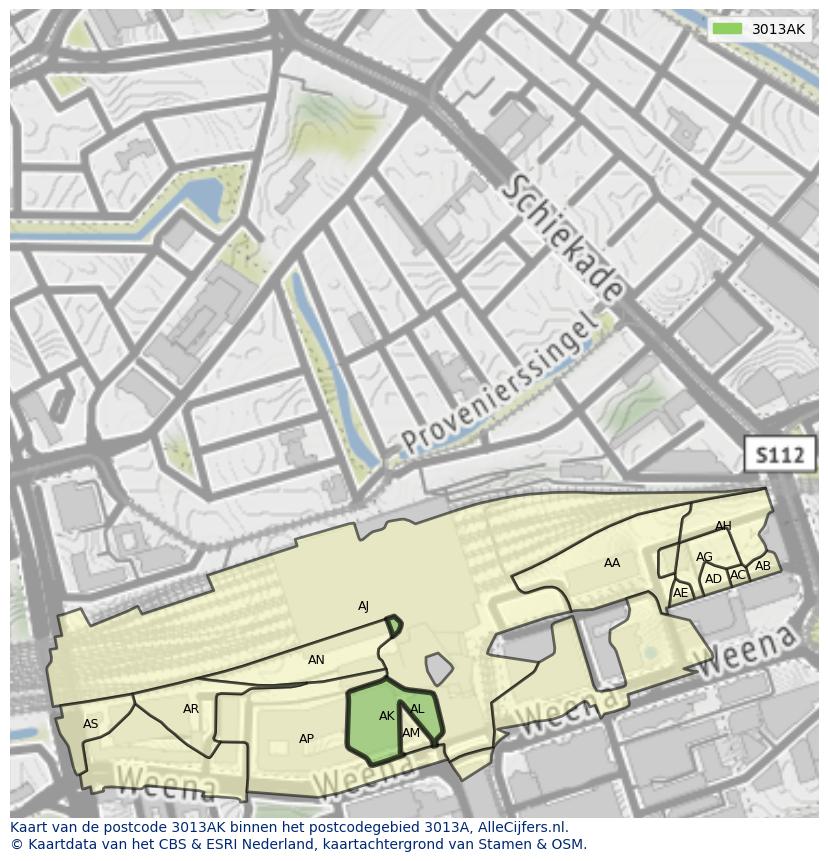 Afbeelding van het postcodegebied 3013 AK op de kaart.