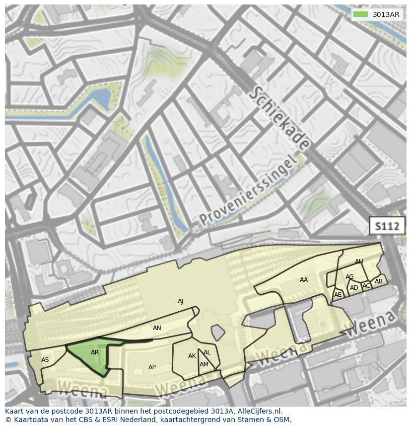 Afbeelding van het postcodegebied 3013 AR op de kaart.