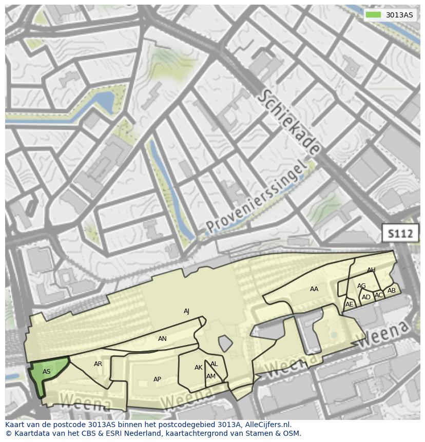 Afbeelding van het postcodegebied 3013 AS op de kaart.