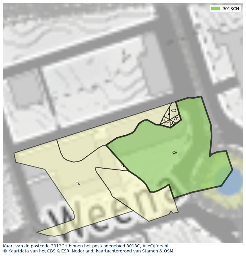 Afbeelding van het postcodegebied 3013 CH op de kaart.