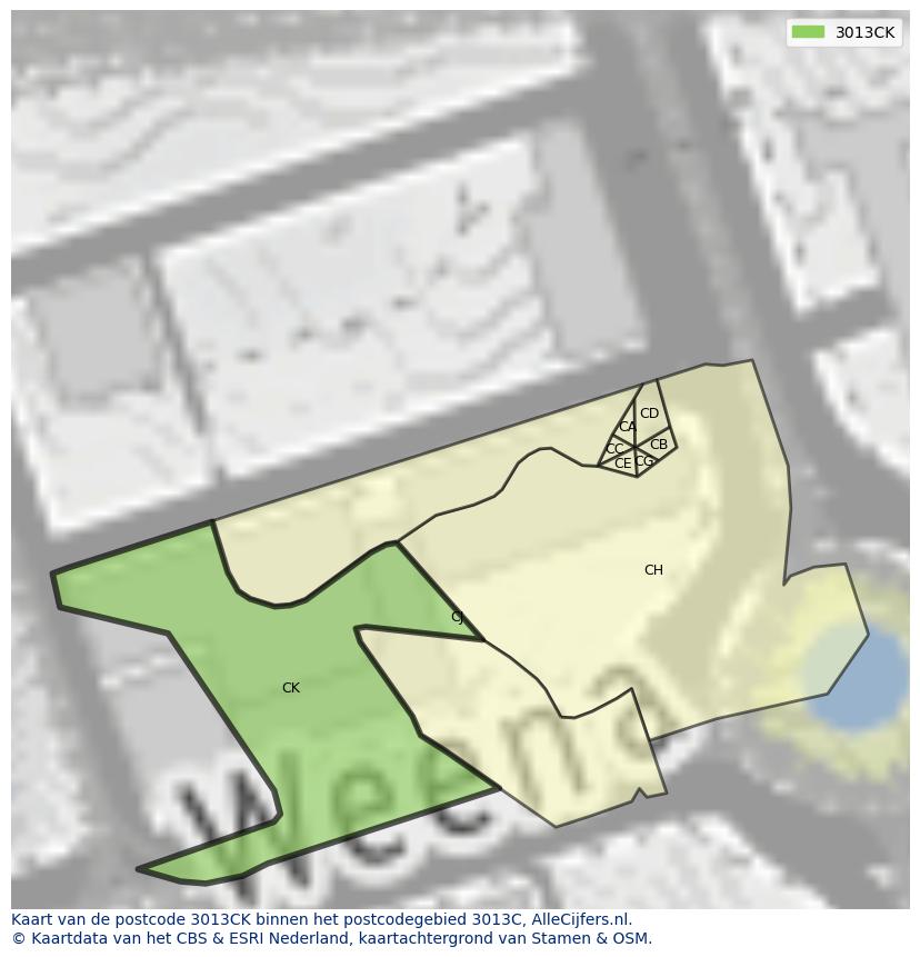 Afbeelding van het postcodegebied 3013 CK op de kaart.