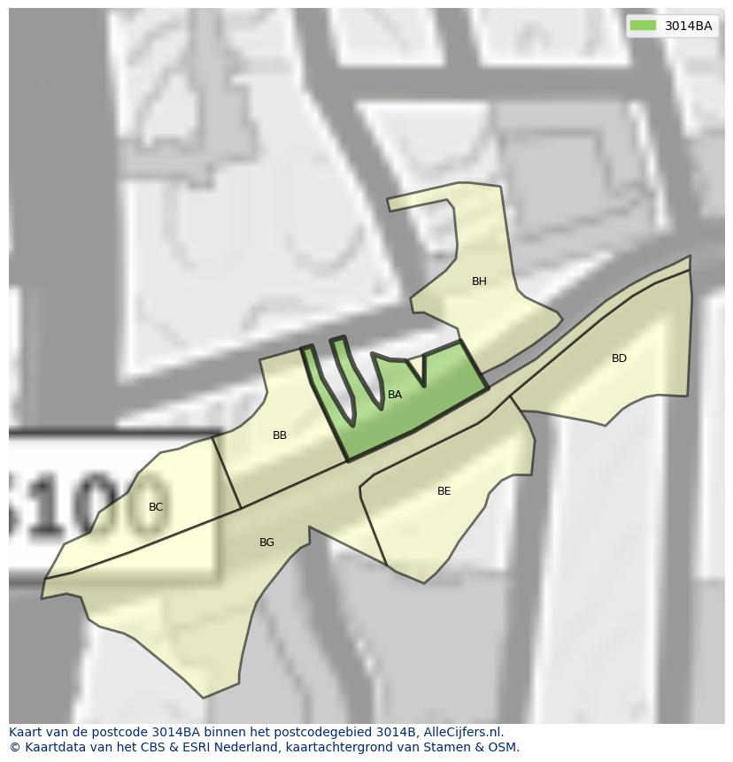 Afbeelding van het postcodegebied 3014 BA op de kaart.