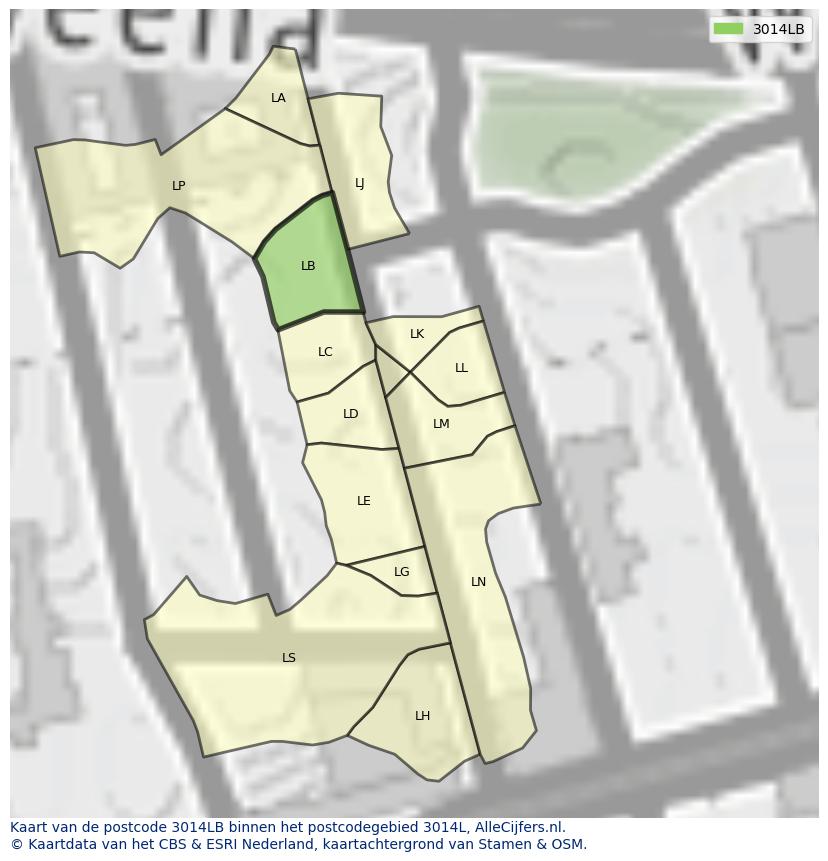 Afbeelding van het postcodegebied 3014 LB op de kaart.