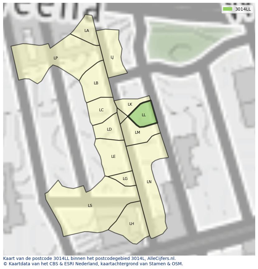 Afbeelding van het postcodegebied 3014 LL op de kaart.