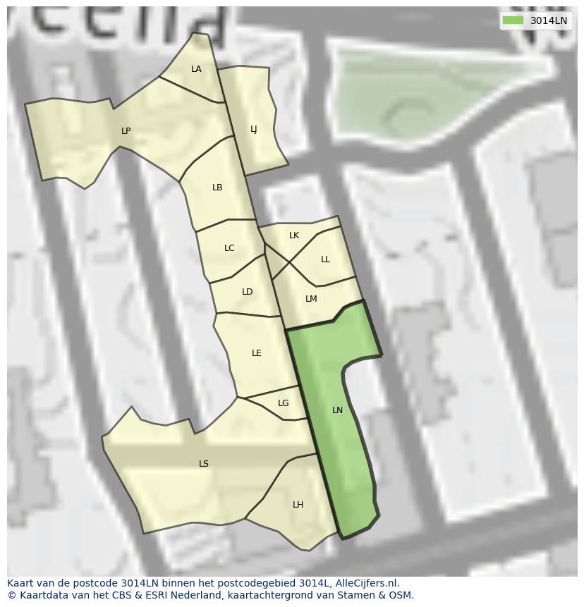 Afbeelding van het postcodegebied 3014 LN op de kaart.