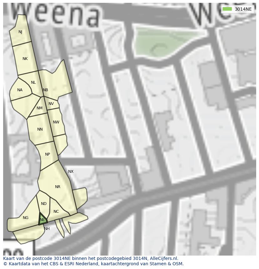 Afbeelding van het postcodegebied 3014 NE op de kaart.