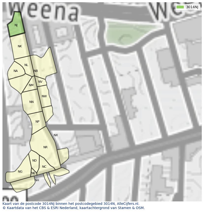 Afbeelding van het postcodegebied 3014 NJ op de kaart.