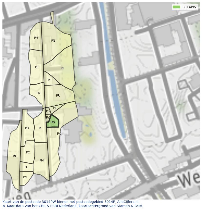 Afbeelding van het postcodegebied 3014 PW op de kaart.