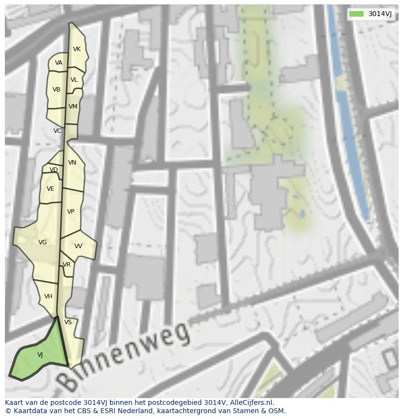 Afbeelding van het postcodegebied 3014 VJ op de kaart.