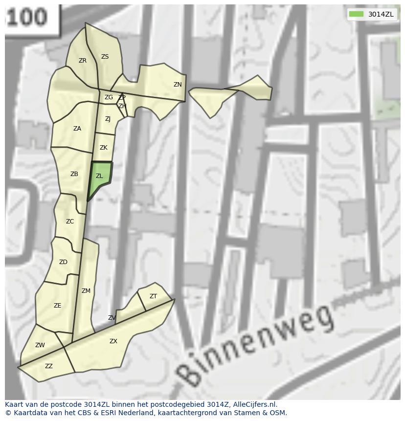 Afbeelding van het postcodegebied 3014 ZL op de kaart.