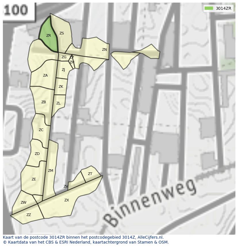 Afbeelding van het postcodegebied 3014 ZR op de kaart.