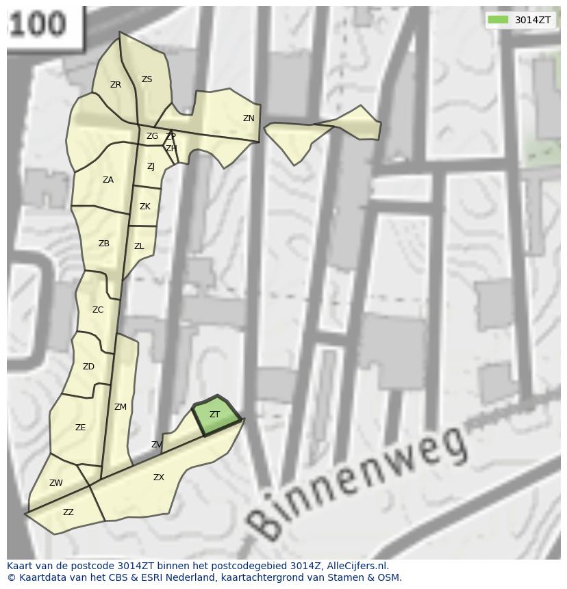 Afbeelding van het postcodegebied 3014 ZT op de kaart.