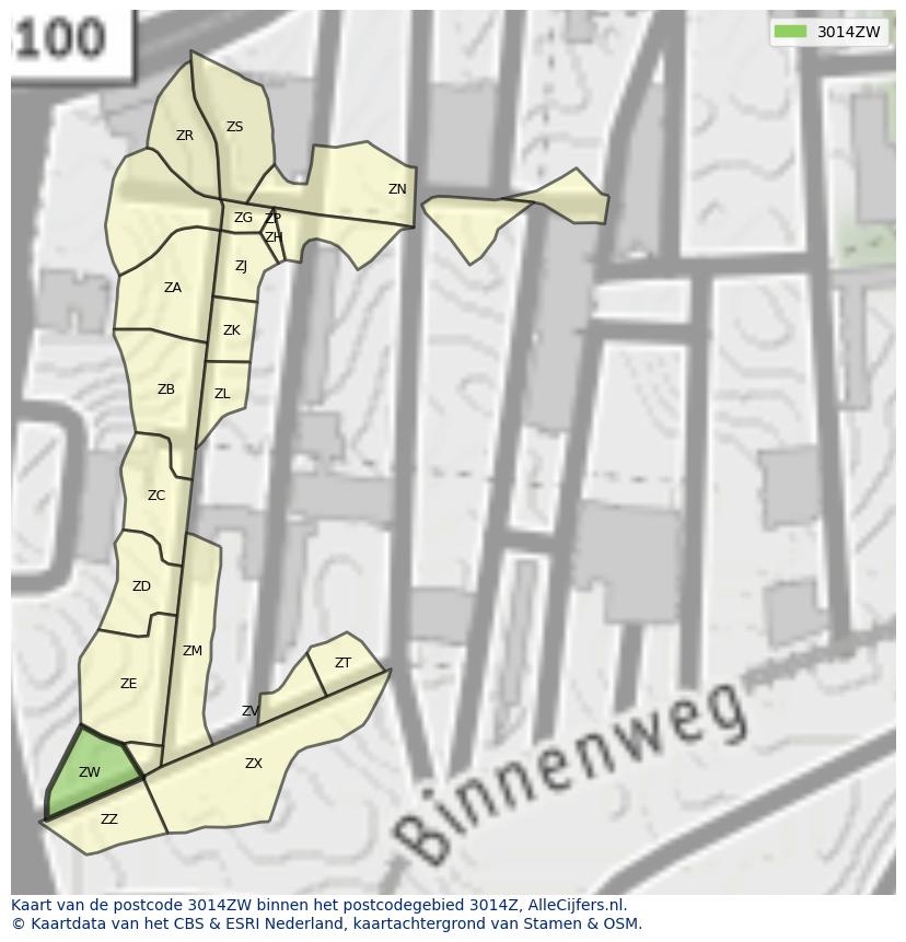 Afbeelding van het postcodegebied 3014 ZW op de kaart.