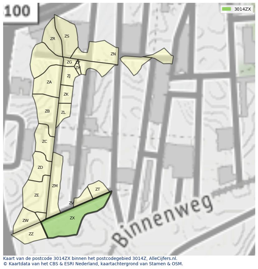Afbeelding van het postcodegebied 3014 ZX op de kaart.