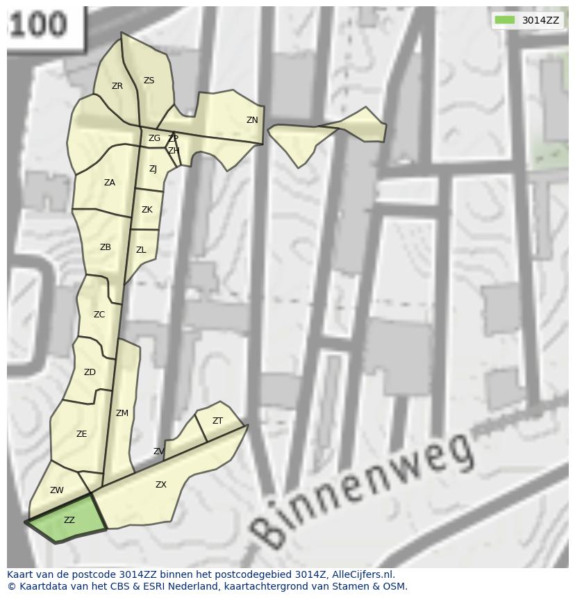 Afbeelding van het postcodegebied 3014 ZZ op de kaart.