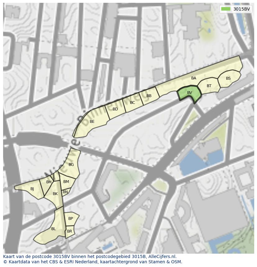 Afbeelding van het postcodegebied 3015 BV op de kaart.