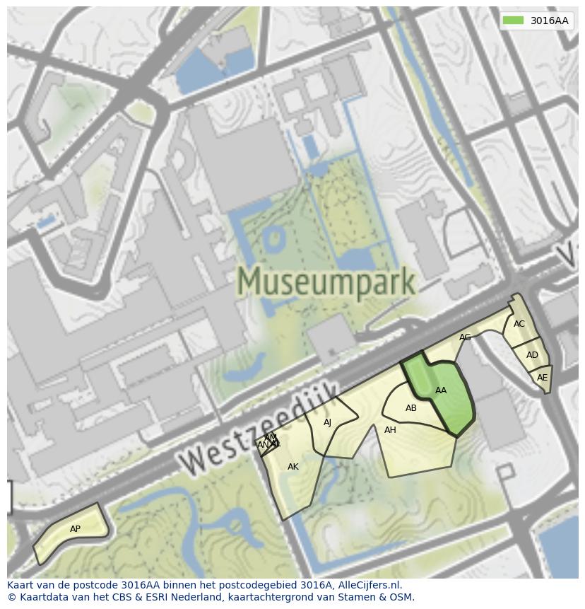Afbeelding van het postcodegebied 3016 AA op de kaart.