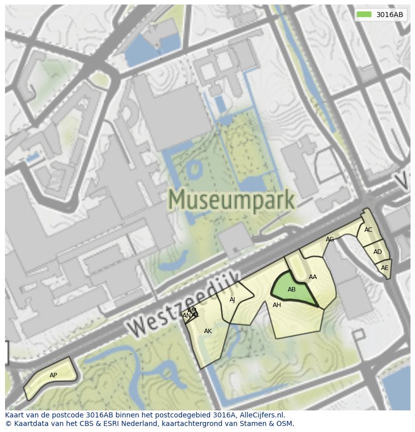 Afbeelding van het postcodegebied 3016 AB op de kaart.