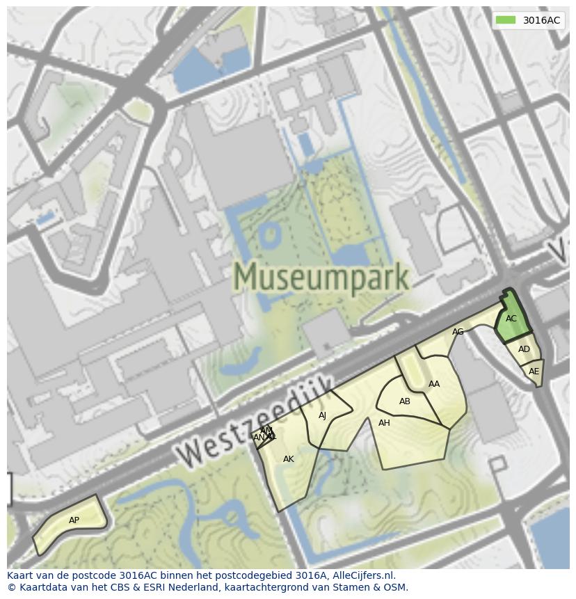 Afbeelding van het postcodegebied 3016 AC op de kaart.