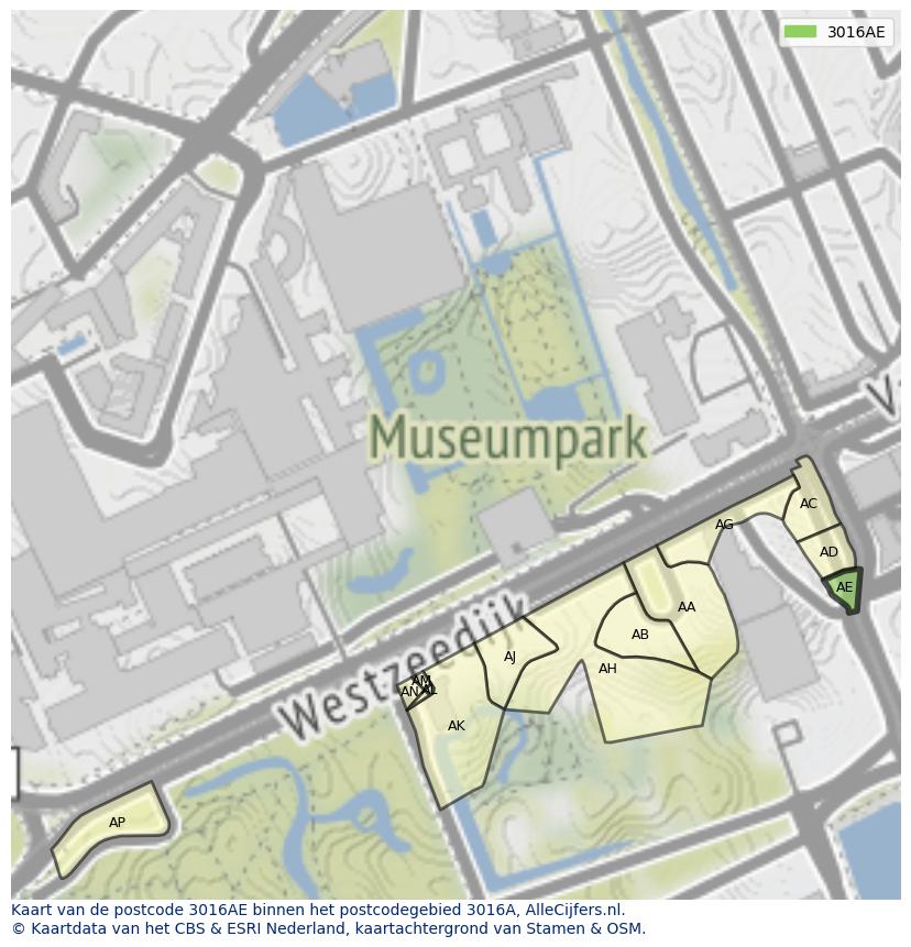 Afbeelding van het postcodegebied 3016 AE op de kaart.
