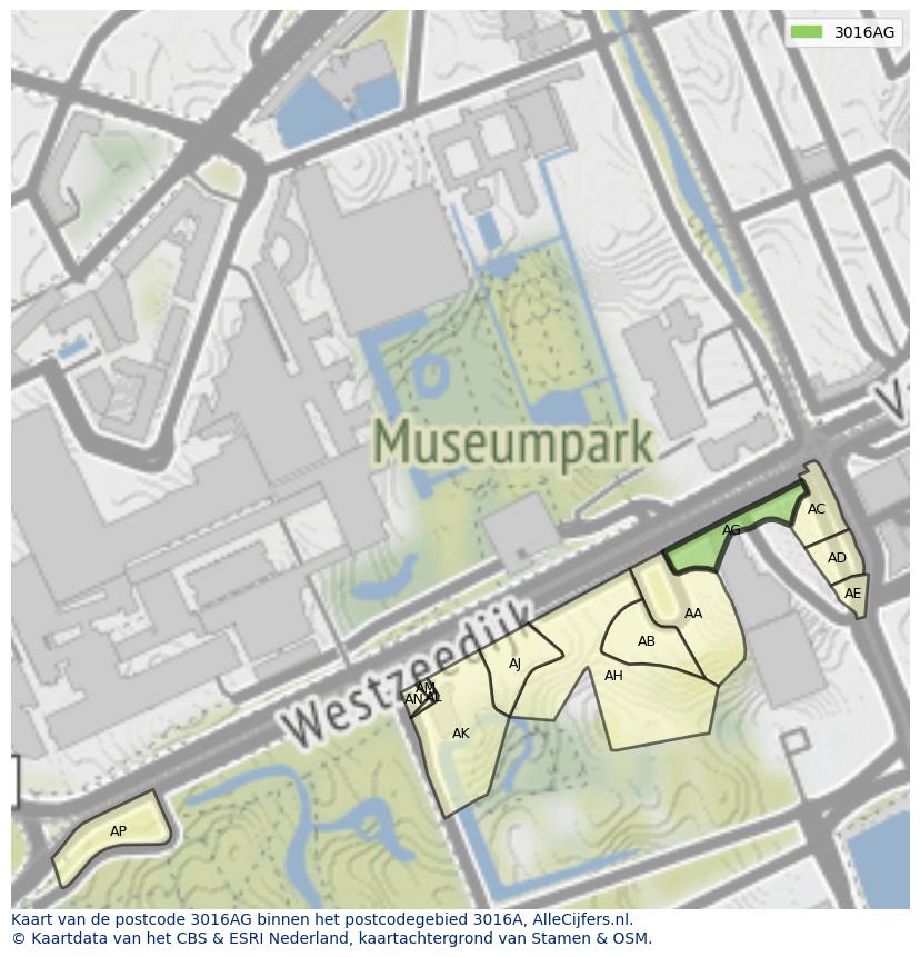 Afbeelding van het postcodegebied 3016 AG op de kaart.