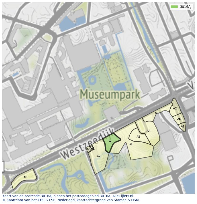 Afbeelding van het postcodegebied 3016 AJ op de kaart.