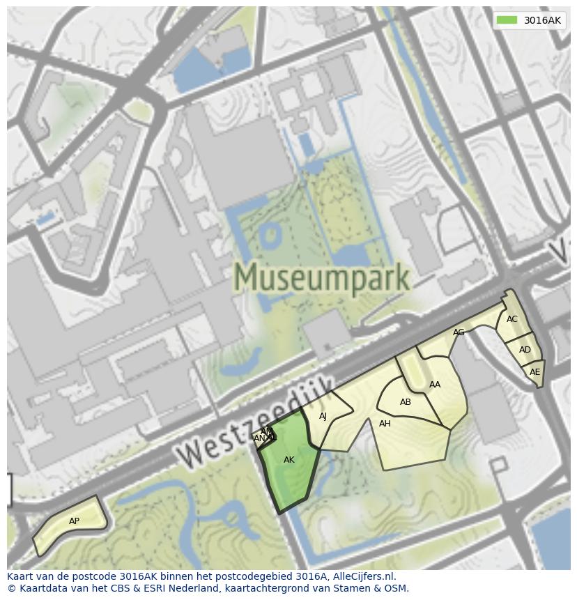Afbeelding van het postcodegebied 3016 AK op de kaart.