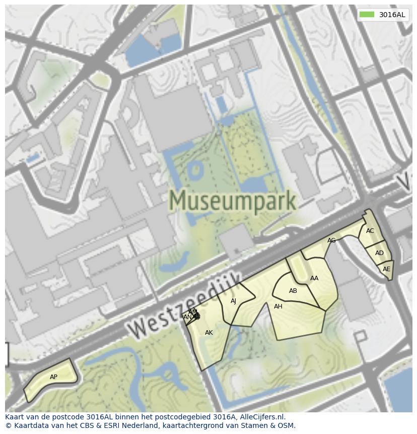 Afbeelding van het postcodegebied 3016 AL op de kaart.