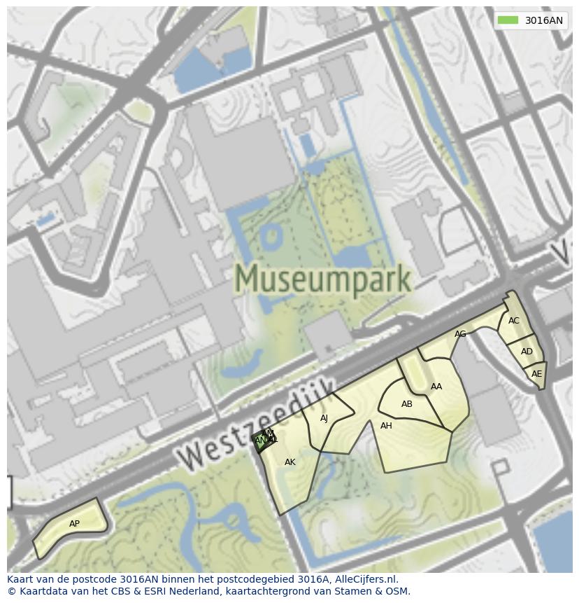 Afbeelding van het postcodegebied 3016 AN op de kaart.