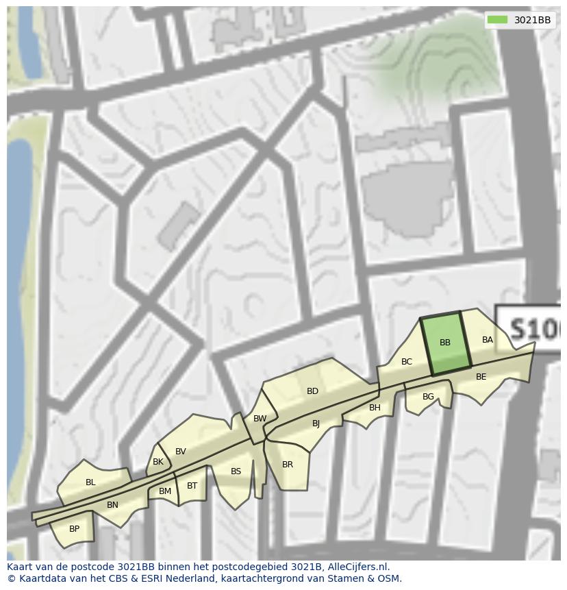 Afbeelding van het postcodegebied 3021 BB op de kaart.