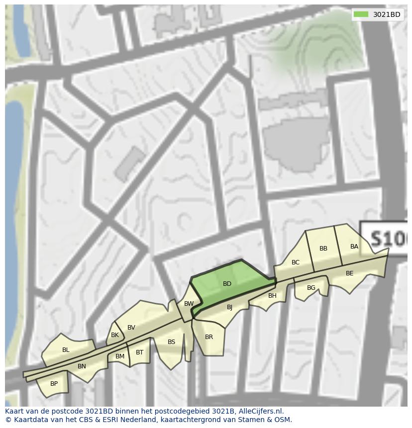 Afbeelding van het postcodegebied 3021 BD op de kaart.