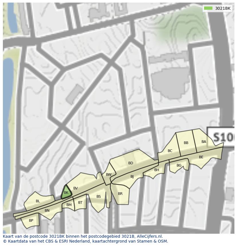 Afbeelding van het postcodegebied 3021 BK op de kaart.