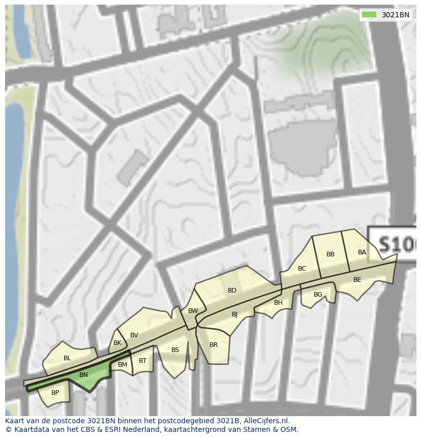 Afbeelding van het postcodegebied 3021 BN op de kaart.