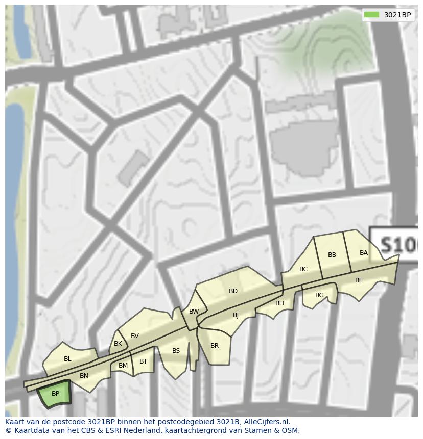 Afbeelding van het postcodegebied 3021 BP op de kaart.