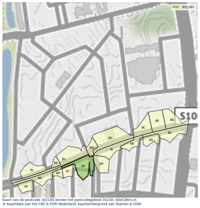 Afbeelding van het postcodegebied 3021 BS op de kaart.