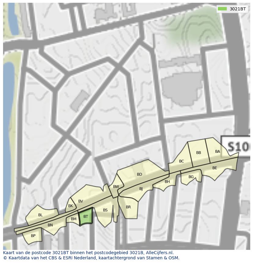 Afbeelding van het postcodegebied 3021 BT op de kaart.